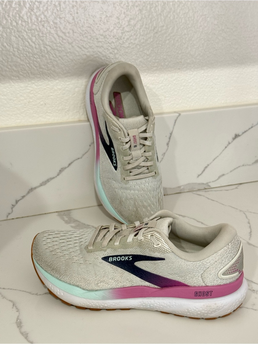 Brooks Women's Ghost Running Shoes - Beige with Pink & Mint Accents